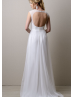Sheer Neckline Ivory Satin Chiffon Keyhole Back Prom Dress